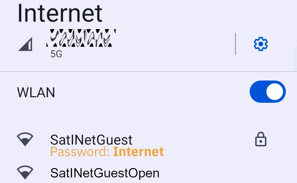 Android Wi-Fi settings for connecting to SatINetGuest (Password: Internet) network